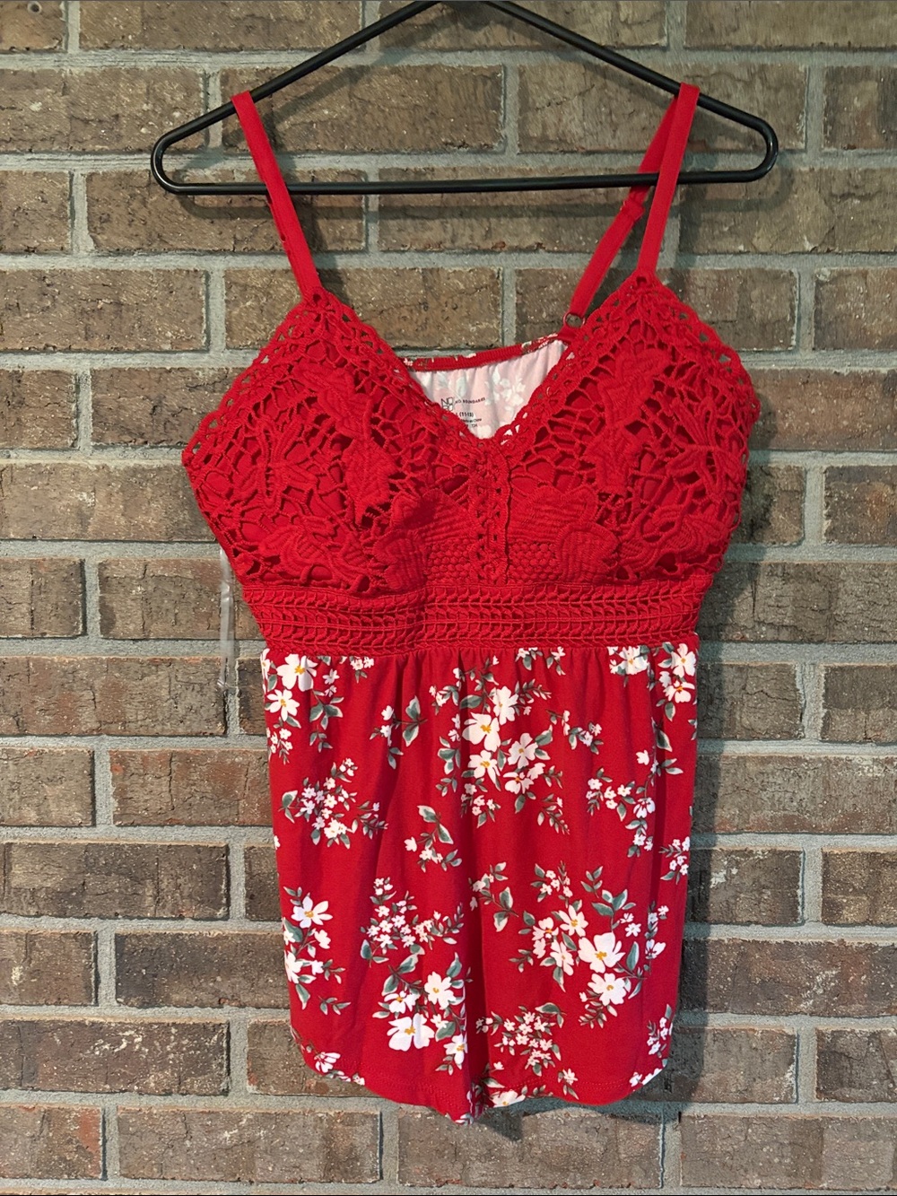 No Boundaries Red Floral Crochet Lace Cami Romper